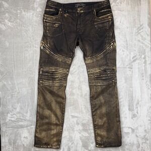 Robins Jean Mens 38 Black Gold Metallic Foil Biker Moto Zipper Studded Jeans USA